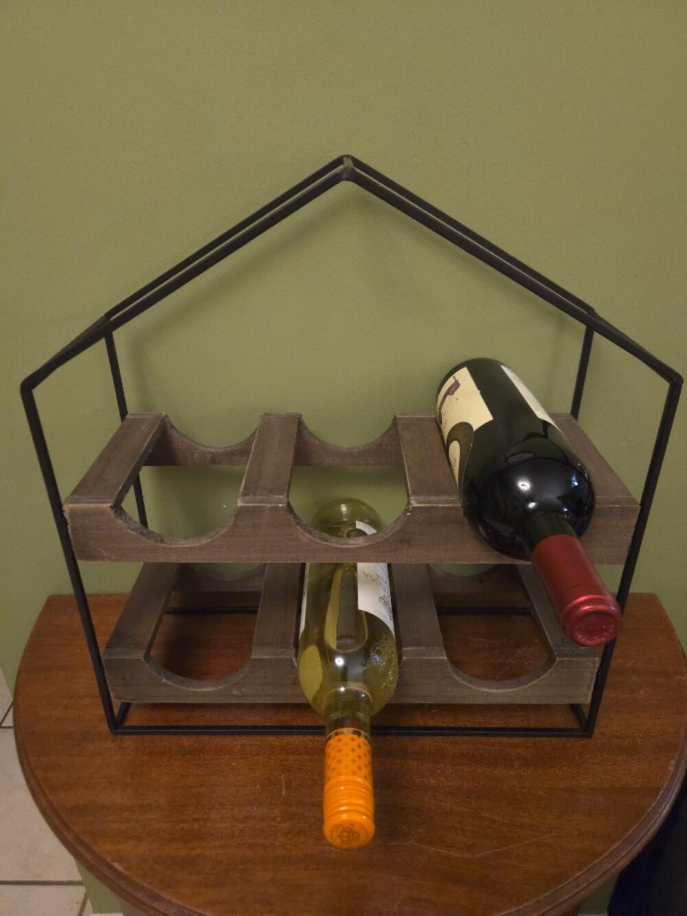 Modern Farmhouse Wood Metal Countertop Wine Rack 6 Bottle Holder House Shaped